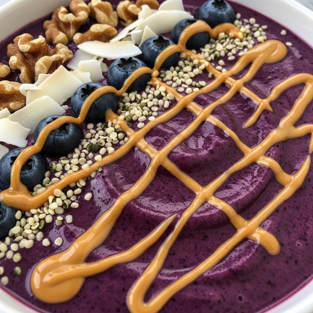 L&auml;hikuva keto smoothie bowlista &ndash; paksu marjapohja, kultainen p&auml;hkin&auml;voidrizzle ja toppingit