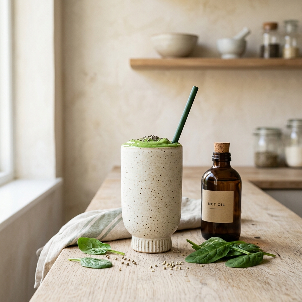 MCT-&ouml;ljy keto-smoothiessa &mdash; vihre&auml; smoothie pohjoismaisessa lasissa