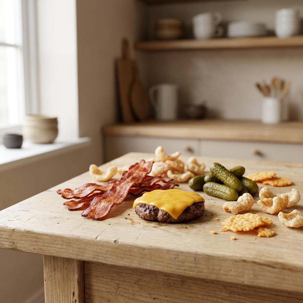 Dirty keto ruoat — juusto, pekoni ja hampurilainen puisella pöydällä