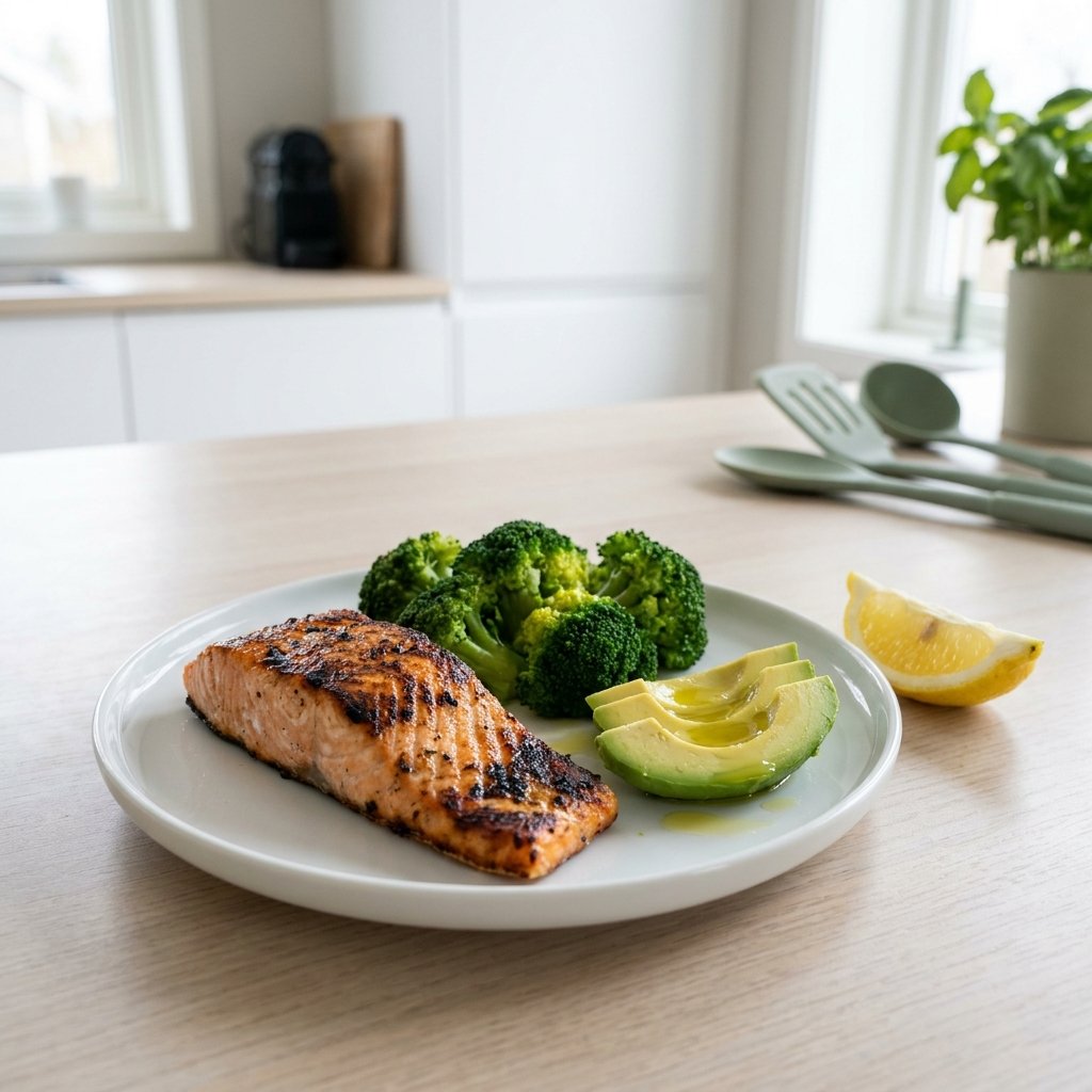 Ketogeeninen lounas — lohifilee, parsakaali ja avokaado valkoisella lautasella