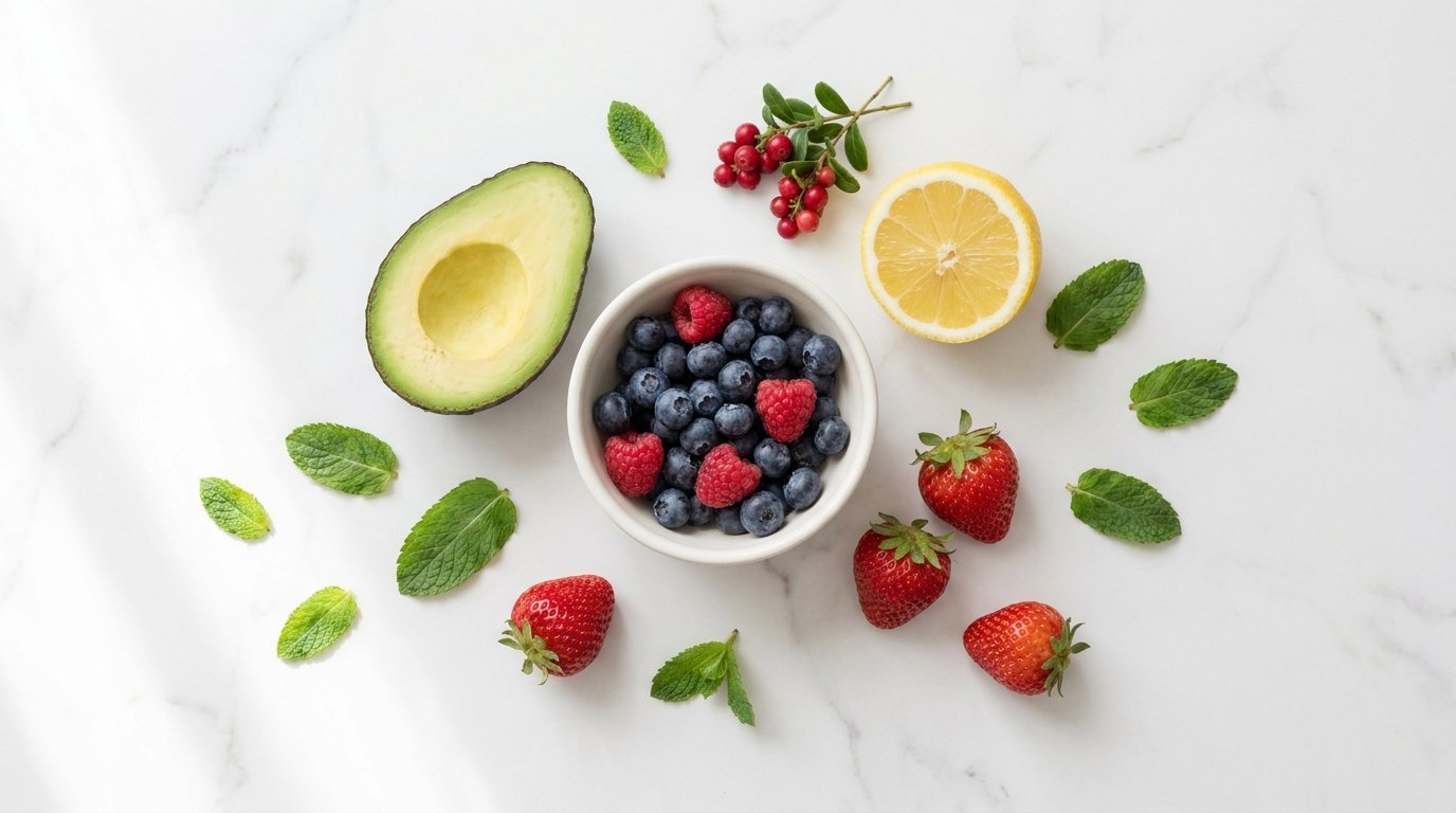 Keto-hedelmät — marjat, avokado ja sitruuna pohjoismaisella asettelulla