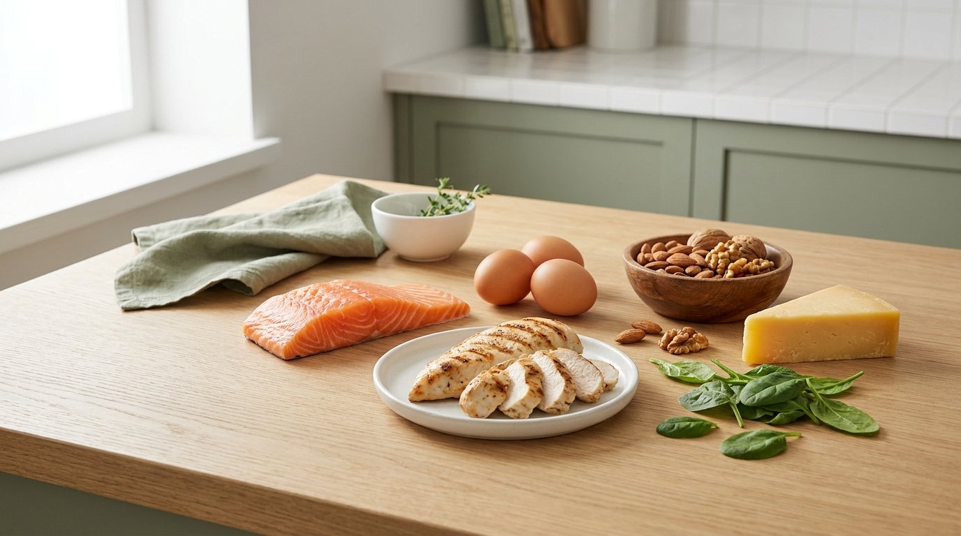 Keto-proteiinilähteet — lohi, kananmunat, liha ja pähkinät