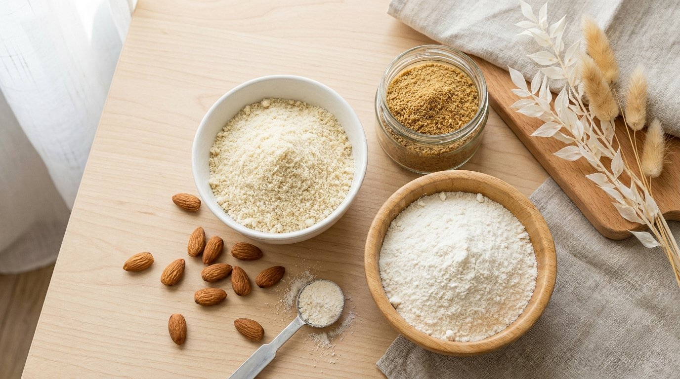 Keto-leivontajauhot — mantelijauho, kookosjauho ja pellavansiemenjauho puisella pöydällä