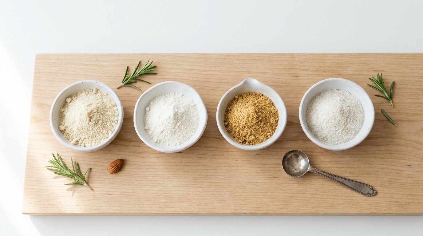 Neljä keto-leivontajauhoa vierekkäin — mantelijauho, kookosjauho, pellavansiemenjauho ja psyllium