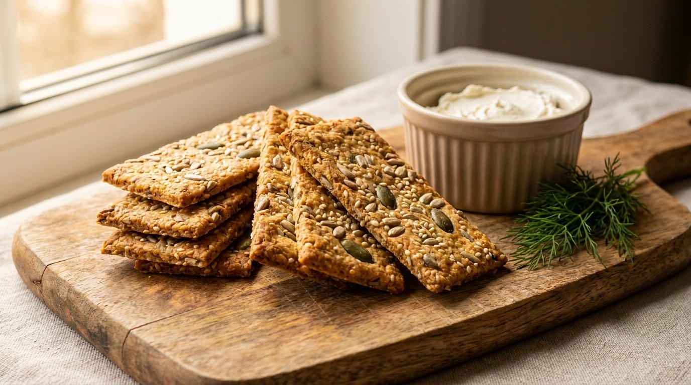 Keto siemennäkkärit leikkuulaudalla — rapeat ja kultaiset kotitekoiset näkkärit