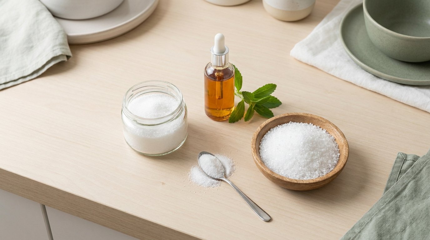 Keto-sokerikorvikkeet — erytritoli, stevia ja ksylitoli puisella pöydällä
