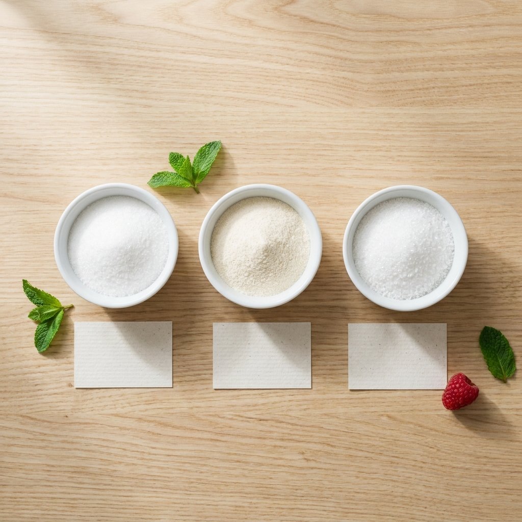 Kolme keto-sokerikorviketta vierekkäin vertailussa — erytritoli, stevia, ksylitoli